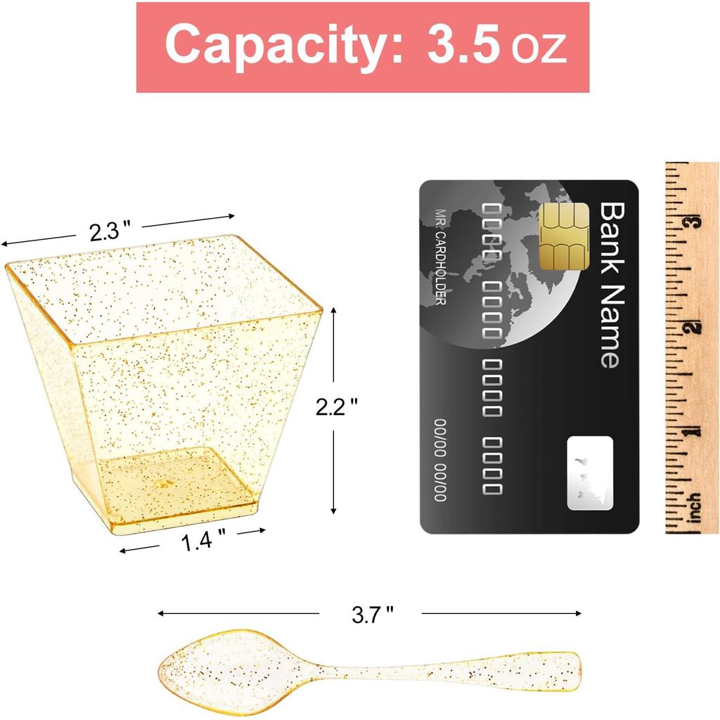Qeirudu 3.5 oz Mini Gold Glitter Dessert Cups with Spoons - 50 Pack Gold Plastic Dessert Cups Small 