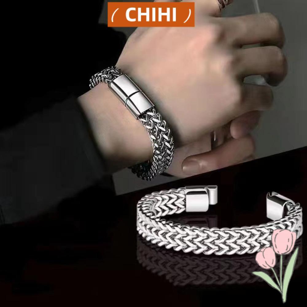 CHIHIRO สร้อยข้อมือเกล็ดปลา, การออกแบบถักสร้อยข้อมือสแตนเลสสไตล์ย้อนยุค, โซ่เชื่อมต่อโซ่ Curb Double Overlap สร้อยข้อมือสองแถวเครื่องประดับผู้ชาย