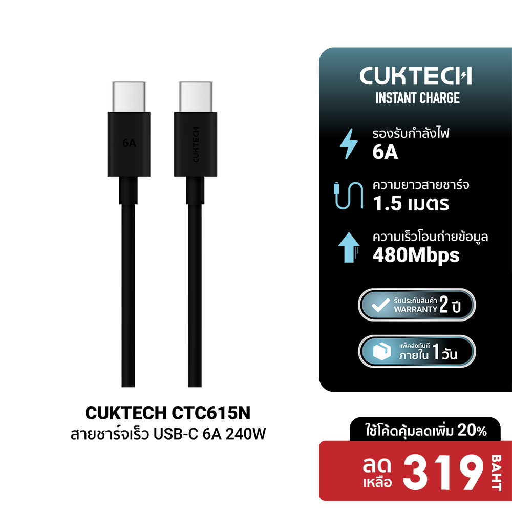 [ลดเหลือ 319] CUKTECH CTC615N 6A 240W สายชาร์จเร็ว USB-C ความยาว 1.5 เมตร รองรับชาร์จ PD3.1 -2Y