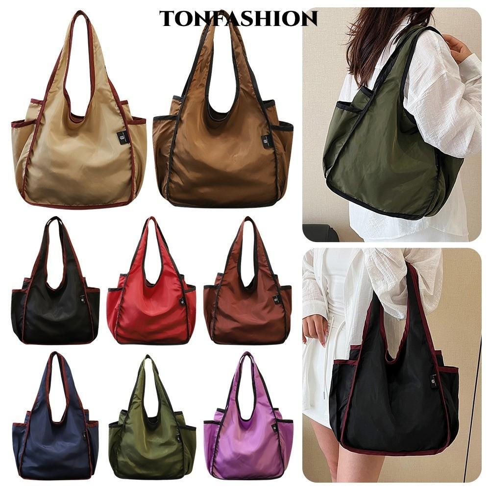 TONFASHION Tote Bag กระเป๋าช้อปปิ้งแบบหนาความจุขนาดใหญ่ กระเป๋าถือน้ําหนักเบาแบบพับได้สองชั้นมัลติฟังก์ชั่นสําหรับผู้หญิง