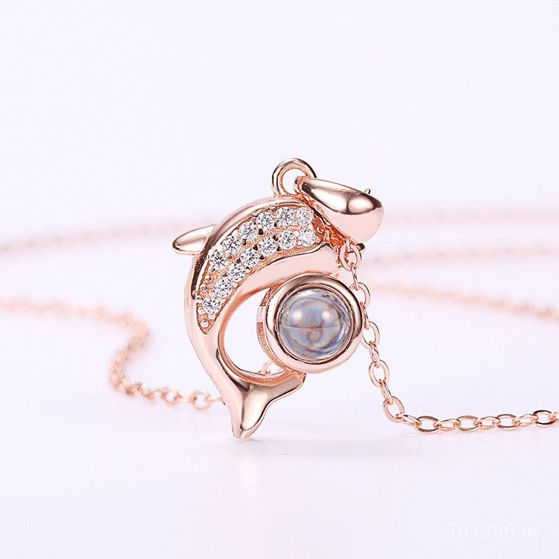 สร้อยคอดolphin สำหรับผู้หญิงจากเงินสังเคราะห์S925 ลายการแกะสลักไมโครคำว่า "I Love You" ในสีดำและสีขา