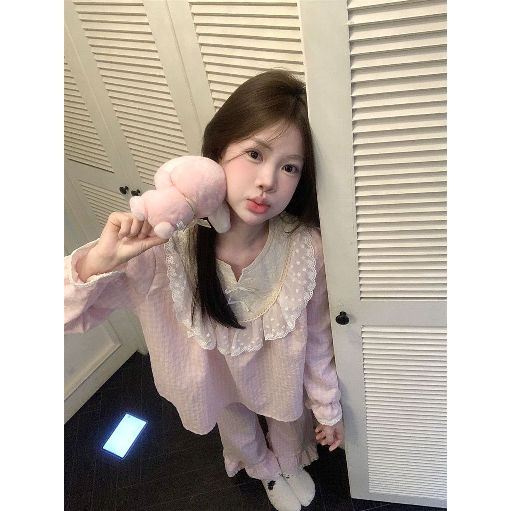 ชุดนอนลายสก๊อตสีชมพู แขนยาวกางเกงขายาว เหมาะสำหรับฤดูใบไม้ผลิและฤดูใบไม้ร่วง - รูปที่ 6