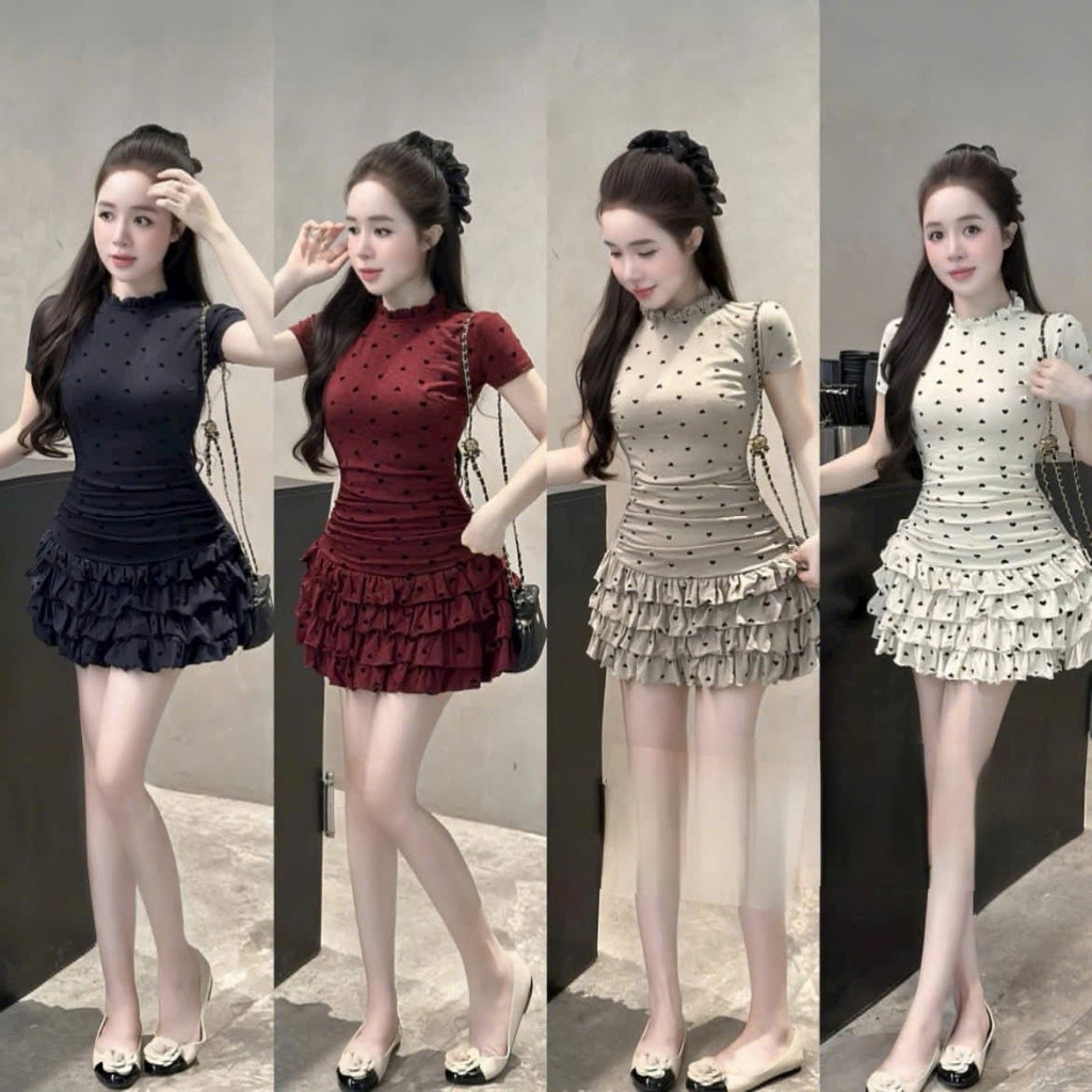 ชุดเดรสผู้หญิงออกแบบคุณภาพ การควบคุมคุณภาพ 4 สีให้แบนหุ่น คอสูง เดรสแขนสั้นทรงบานหัวใจ มากมาย