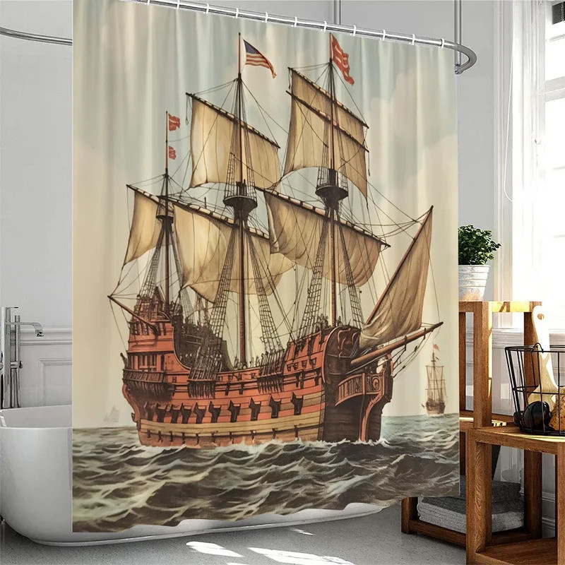 Sailboat Vintage Shower Curtain Nautical Adventure Home Decoration for Bathroom Polyester Fabric Bat