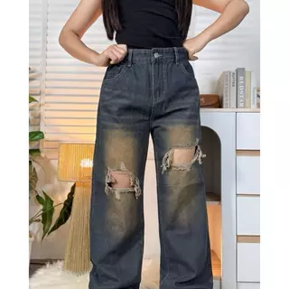 K JEANS กางเกงยีนส์สาวอวบกระบอกลิซ่า (แต่งขาดสีอ่อน แนะนำเผื่อ 1 ไซต์)สีสนิมรหัส 858#แต่งขาด ไซต์ 2XL-6XL เอว32-42