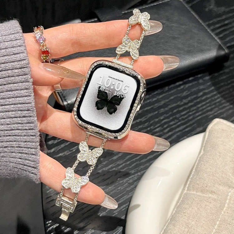 ผีเสื้อสาย + เพชรสําหรับ แอปเปิล ดู ชุด 11 10 9 8 7 6 5 กับ 4 3 พิเศษ 3 2 สายโลหะสําหรับ iดู 46 มม.42 มม.49 มม.45 มม.41 มม.40 มม.44 มม.38 มม.เพชร กลวง เปลือก + สาย