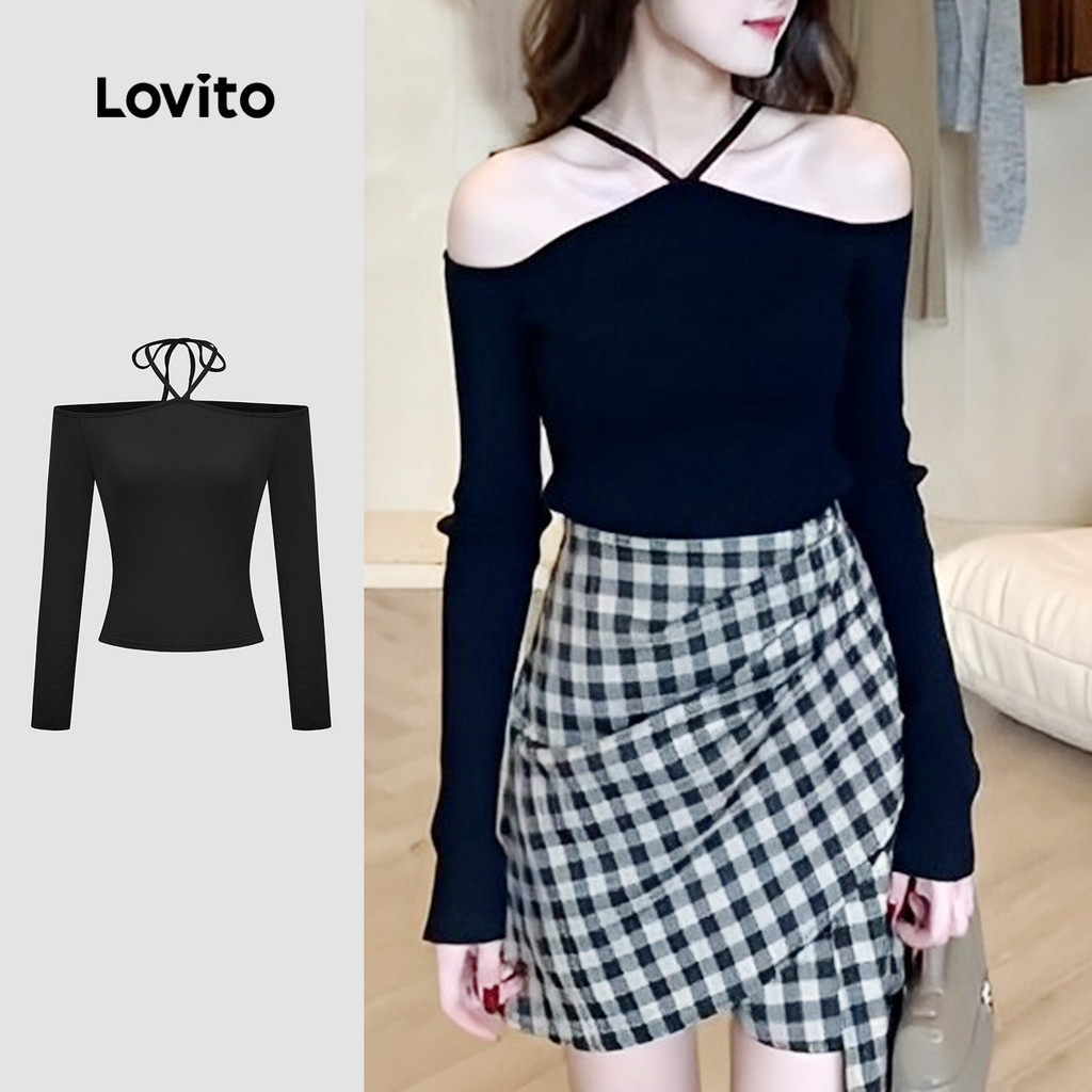 Lovito เสื้อยืดคอวีแขนกุดสีดำ สำหรับผู้หญิง ฤดูใบไม้ร่วง/ฤดูหนาว L159AD309