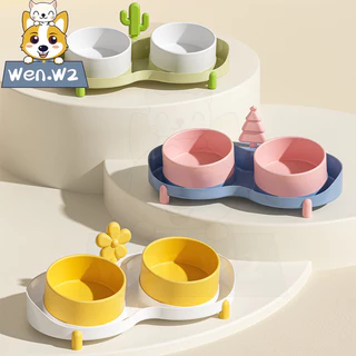 wen.W2 ชามน้ำสำหรับสุนัขชามเซรามิกชามอาหารแมวป้องกันกระดูกสันหลังแตกหักปากเอียงถ้วยสุนัข 2 ใบชามใส่น้ำ