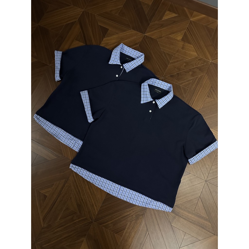 เสื้อสีดํา เสื้อดํา RTIเอ็มFD สีน้ำเงินกรมท่าตรวจสอบปลอมสองชิ้นเสื้อคอโปโลแขนสั้น cleanfit สั้นกว้าง