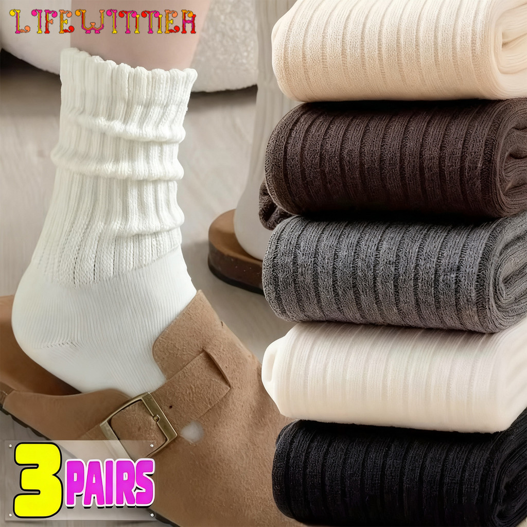 [INFASHION]ถุงเท้ายาวโพลีเอสเตอร์ Y2K ดีไซน์ Ruffles ทรงหลวม 4 ฤดูกาลถัก Sox 1/2/3 คู่ (ดํา, ขาว, เทา)