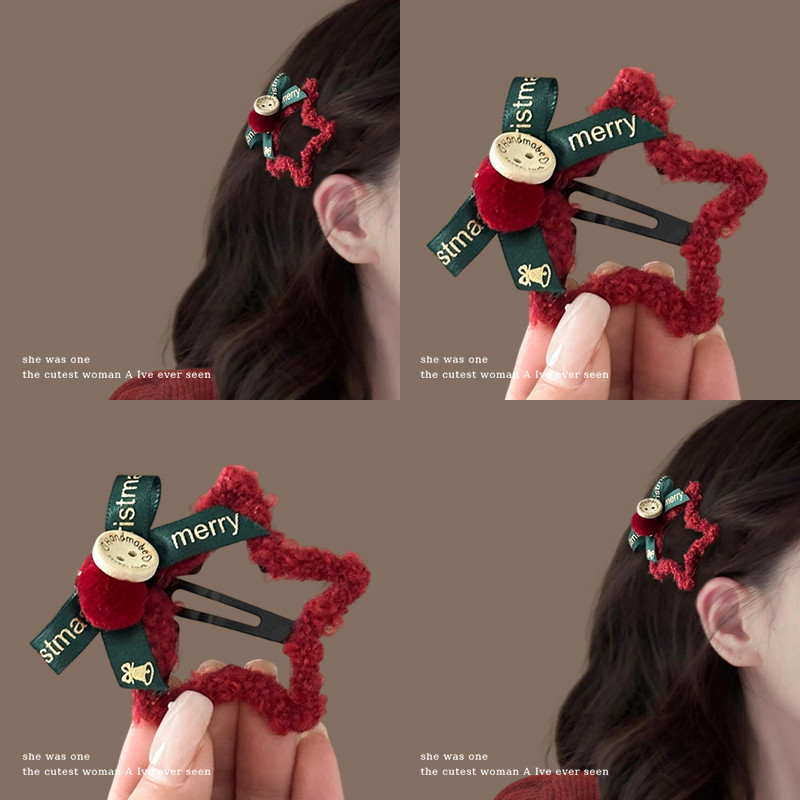 ตุ๊กตาดาวโบว์สีแดงสำหรับคริสต์มาสและปีใหม่ กิ๊บรัดผมแฟชั่น BB Clip