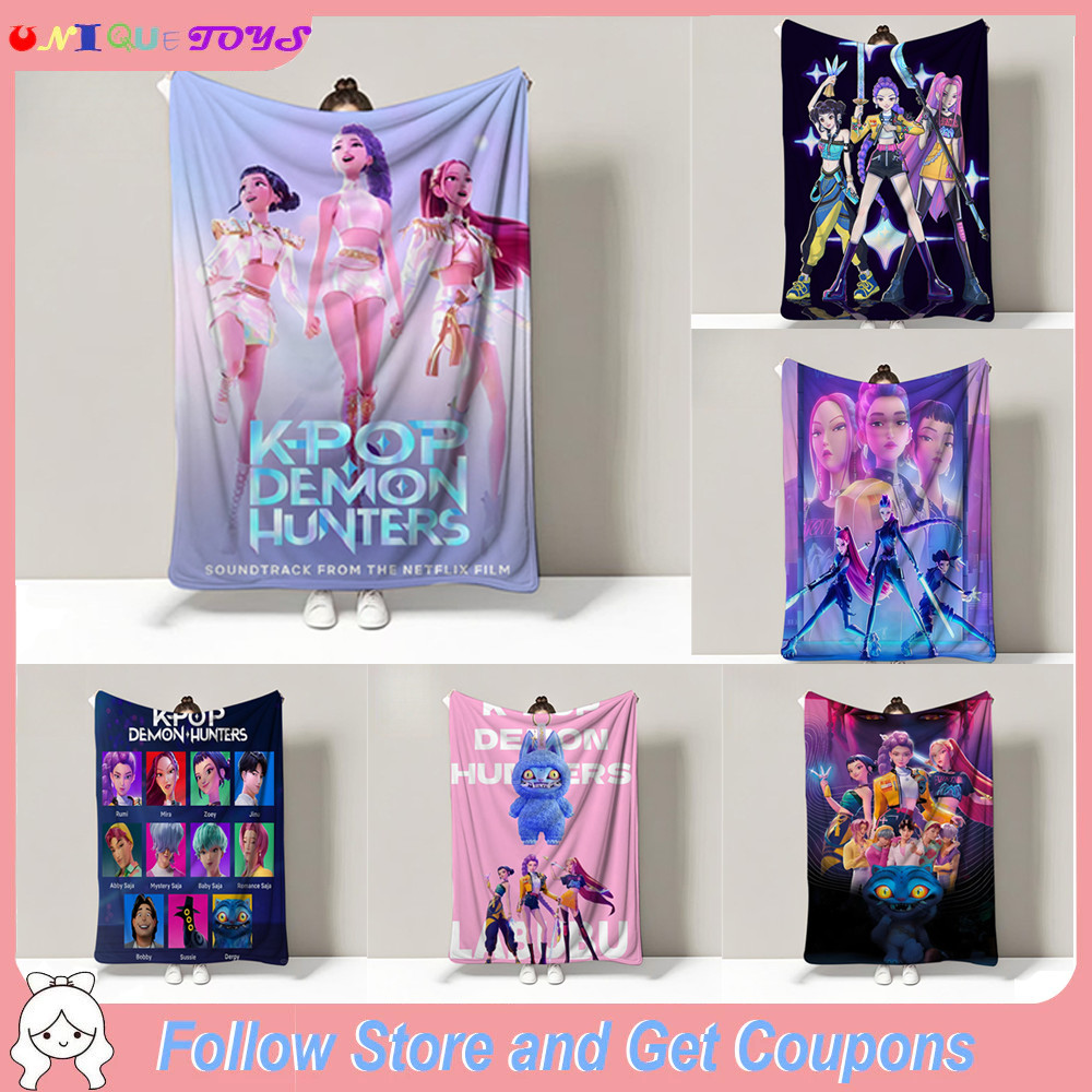 ผ้าห่มนุ่มน่ารักสไตล์ KPop Girl Group POP ออกแบบจากอนิเมะ พลัสติก warmth cozy Demon Hunters น้ำหนักเบา สำหรับเดินทางและใช้ในบ้าน
