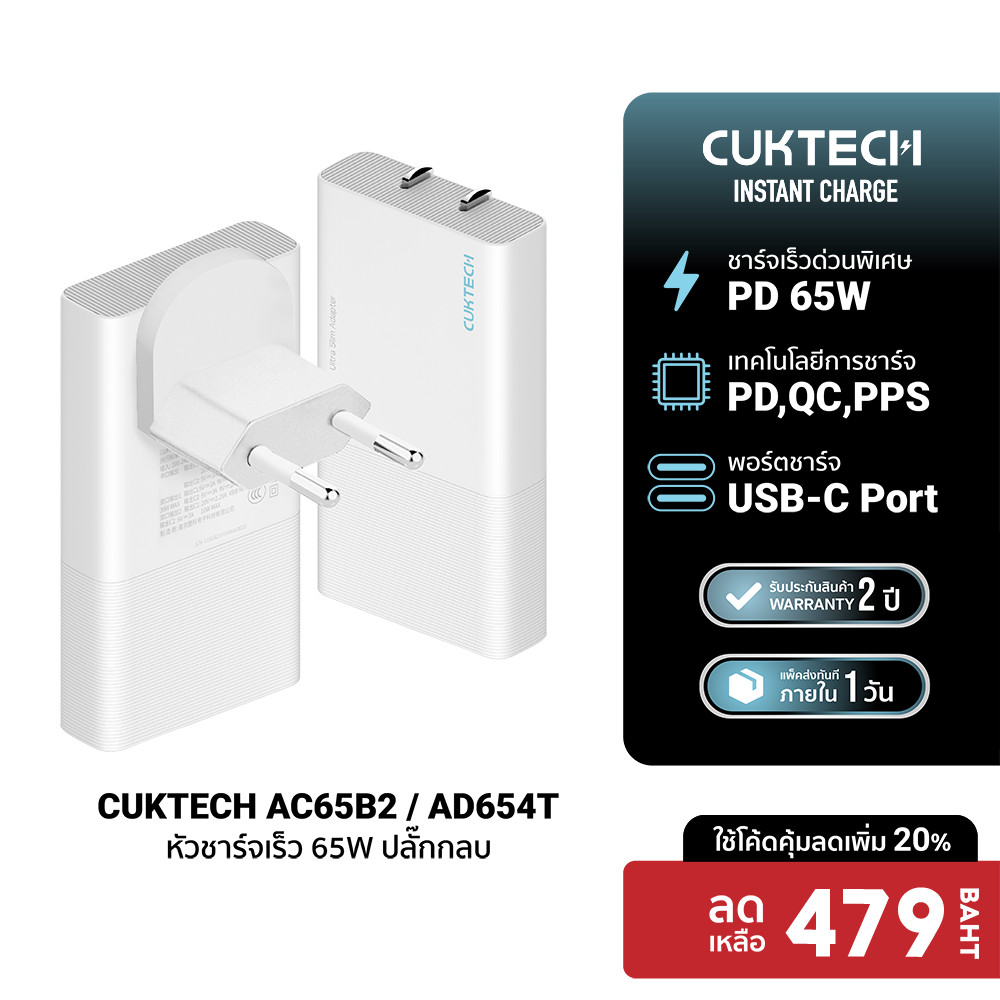[ลดเหลือ 479] CUKTECH AC65B2 / AD654T GaN 65W / AC45B 45W หัวชาร์จ USB-C สำหรับ iPhone iPad ใช้งานได