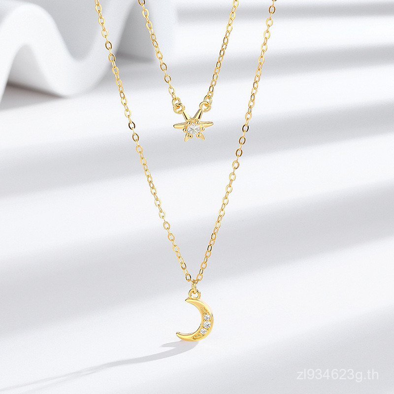 Star Mang โรงงานขายตรง Niche Moon Double Layer Clavicle Chain กระพริบเพชรหญิง Cross-Border สร้อยคอเง