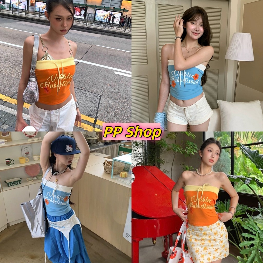 💜PP SHOP💜พร้อมส่ง เสื้อเกาะอก สีสดใส เสื้อกล้าม ลายดอกไม้ เสริมฟองน้ำทรงรัดรูป ปาดไหล่ เซ็กซี่ ใส่สบาย ฤดูร้อน#FY3583