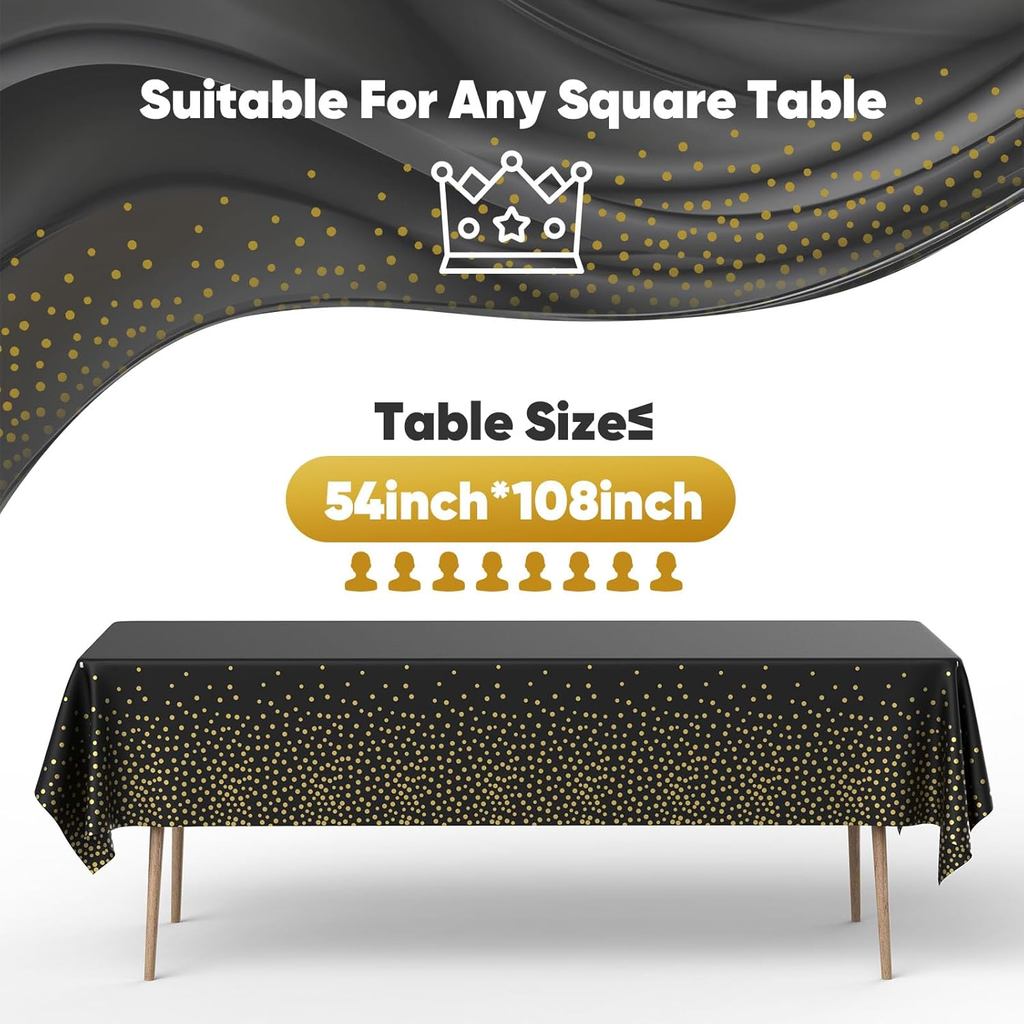 12 Pack Plastic Table Cloth Disposable, 54”x108” Black and Gold Table Cloths for Parties, Waterproof