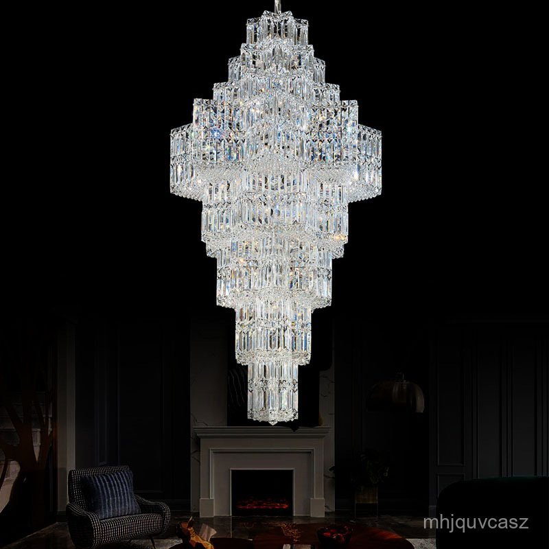 Luxury Crystal Chandelier for Duplex Villa, Hollow Living Room, Mid-Level Postmodern Staircase Long 
