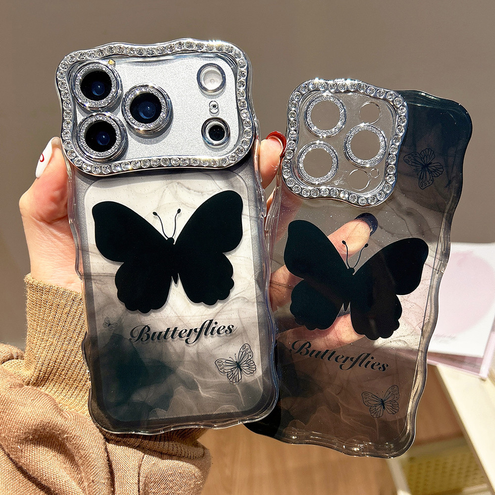 เลื่อมโปร่งใสผีเสื้อสีดําเคสโทรศัพท์เพชรเลนส์ป้องกันสําหรับ ไอโฟน 17 17โปรแม็กซ์ 16 16โปรแม็กซ์ 15 1