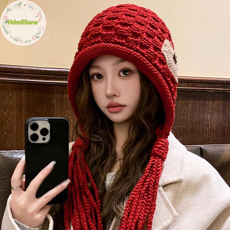 HdmEliana Handmade ถักหมวกผู้หญิงฤดูหนาวที่อบอุ่นป้องกันหู Lady หญิงเกาหลีโครเชต์เสื้อสวมหัวหมวก TH