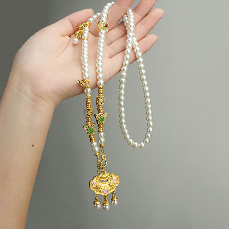 装饰日用装饰锁骨ยาวเสื้อกั๊กโซ่ 彩金锁จี้ 金锁จี้ใหม่中式风毛衣链配饰品ก้อย รุ่ยอี๋ ล็อคเลียนแบบมุกสร้อยคอยาวเคลือบฟันโทล4