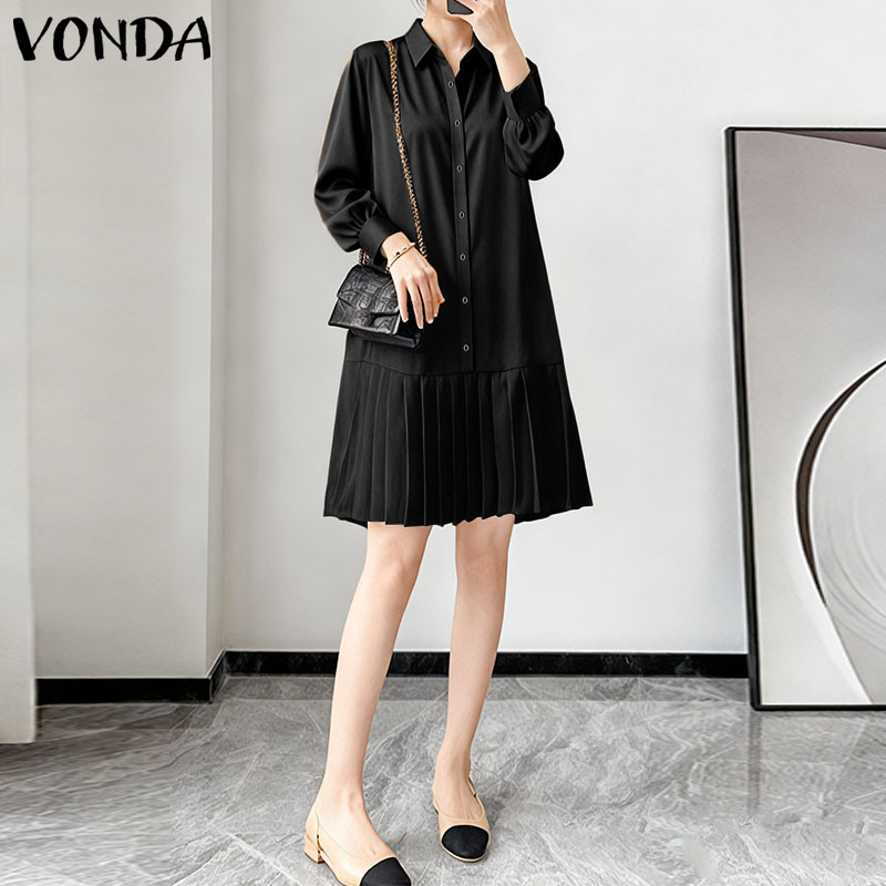 VONDA ผู้หญิงเสื้อสีทึบเกาหลี, แขนยาวแขนพองและชุดเดรสยาว Hem — صورة 4