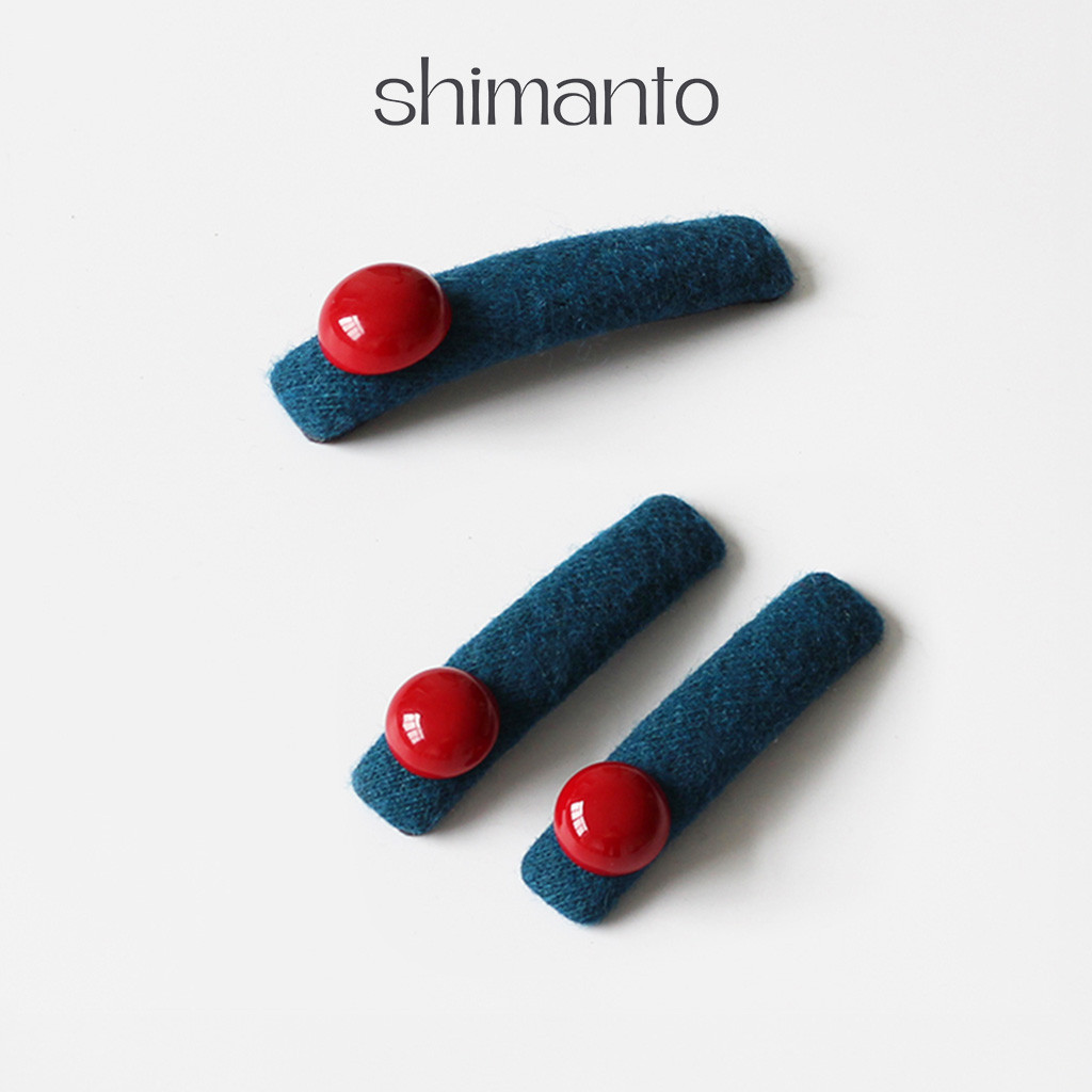 Shimanto กิ๊บติดผม วัสดุผ้าทวีตสีฟ้า ประดับด้วยลูกปัดสีแดง  สไตล์เกาหลี สำหรับหนีบผมข้าง ผมหน้าม้า