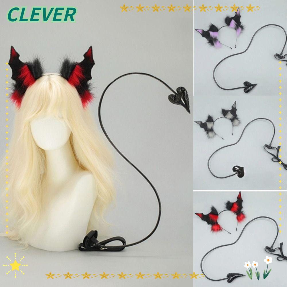 CLEVER Demon Tail Prop, Plush Heart Demon Horns แถบคาดศีรษะ, Dark Gothic สีดําคอสเพลย์เครื่องแต่งกาย Headpiece