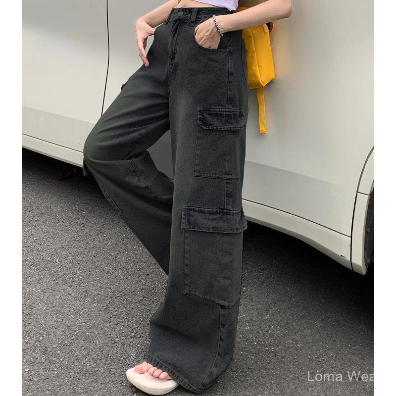 Loma Wear-กางเกงยีนส์ขากว้างผู้หญิง ทรงคาร์โก้ มีกระเป๋าใหญ่ สไตล์เกาหลี ใส่สบาย แมทช์ง่าย เท่ได้ทุกวัน