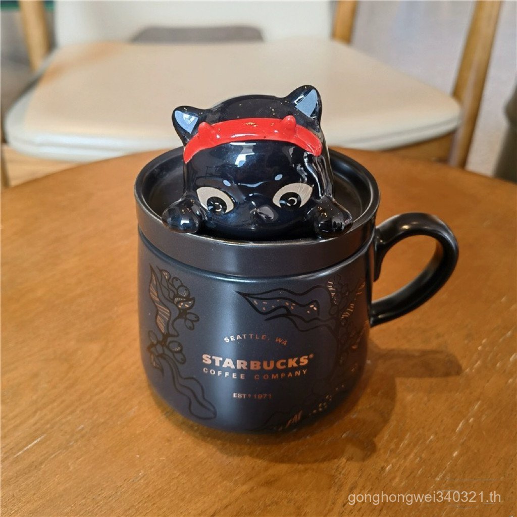 Breeze Cup.Starbucks Ceramic coffee mug Black cat cartoon pattern with lid, gift, 385 ml. Y7AI - รูปที่ 2
