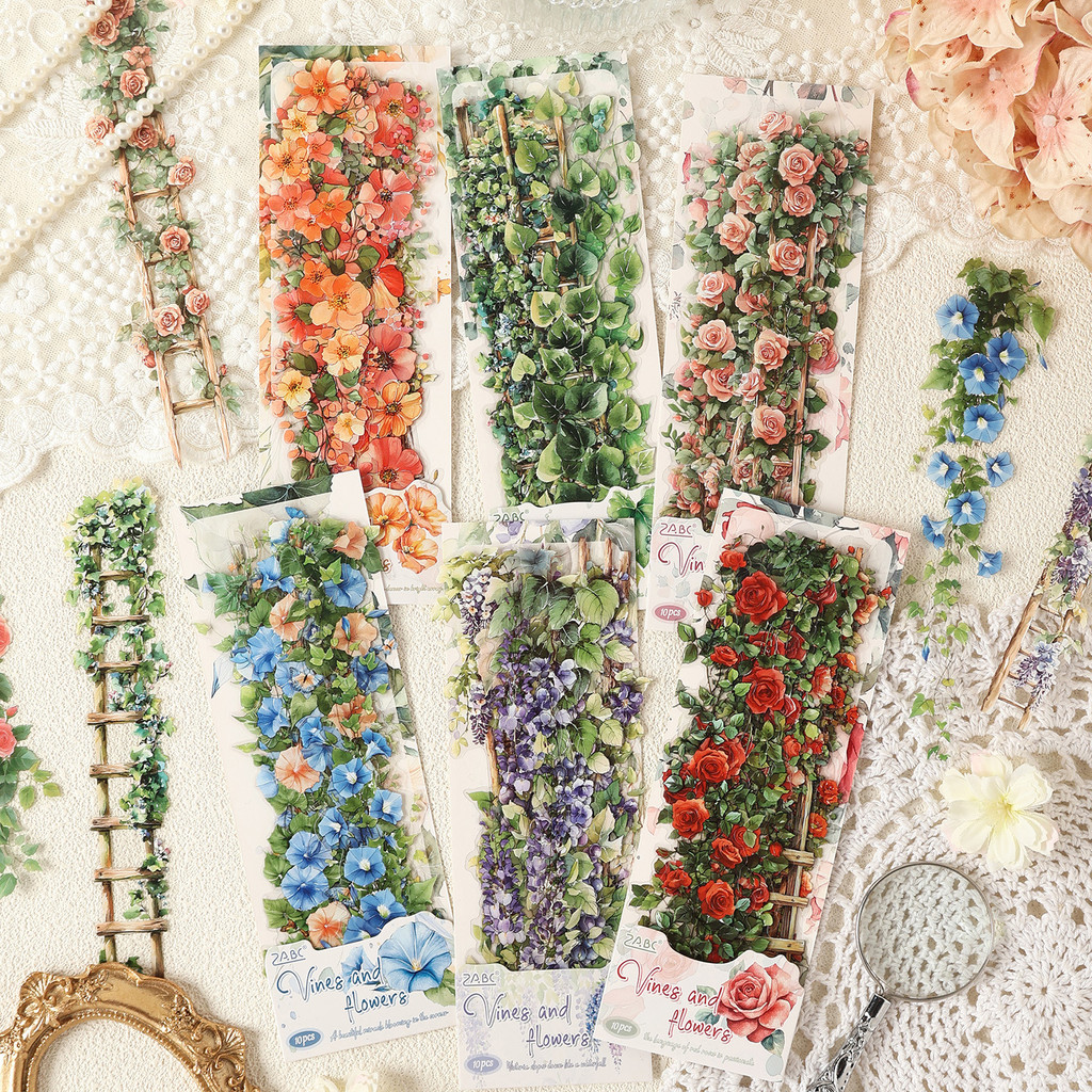 Journamm 10pcs Vintage โปร่งใสดอกไม้บันไดสติกเกอร์สําหรับ Scrapbooking PET สมุดภาพสติกเกอร์สําหรับ Journaling การ์ดทําตัวอักษร DIY งานฝีมือ Journal อัลบั้มตกแต่ง
