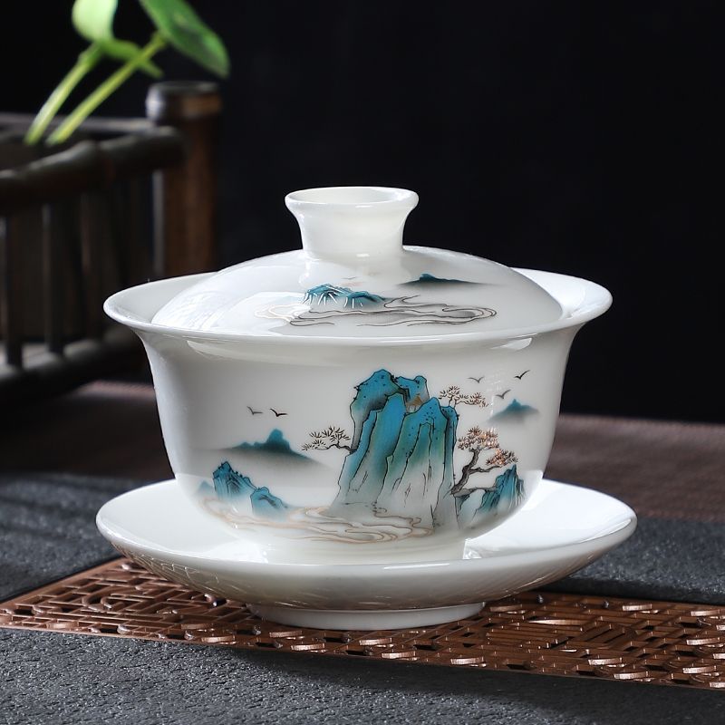 [ชุดน้ําชาประหยัดสุดๆ] Suet Jade Suspension Cover Bowl Tea Cup Ceramic Single Large Size Tea Making 