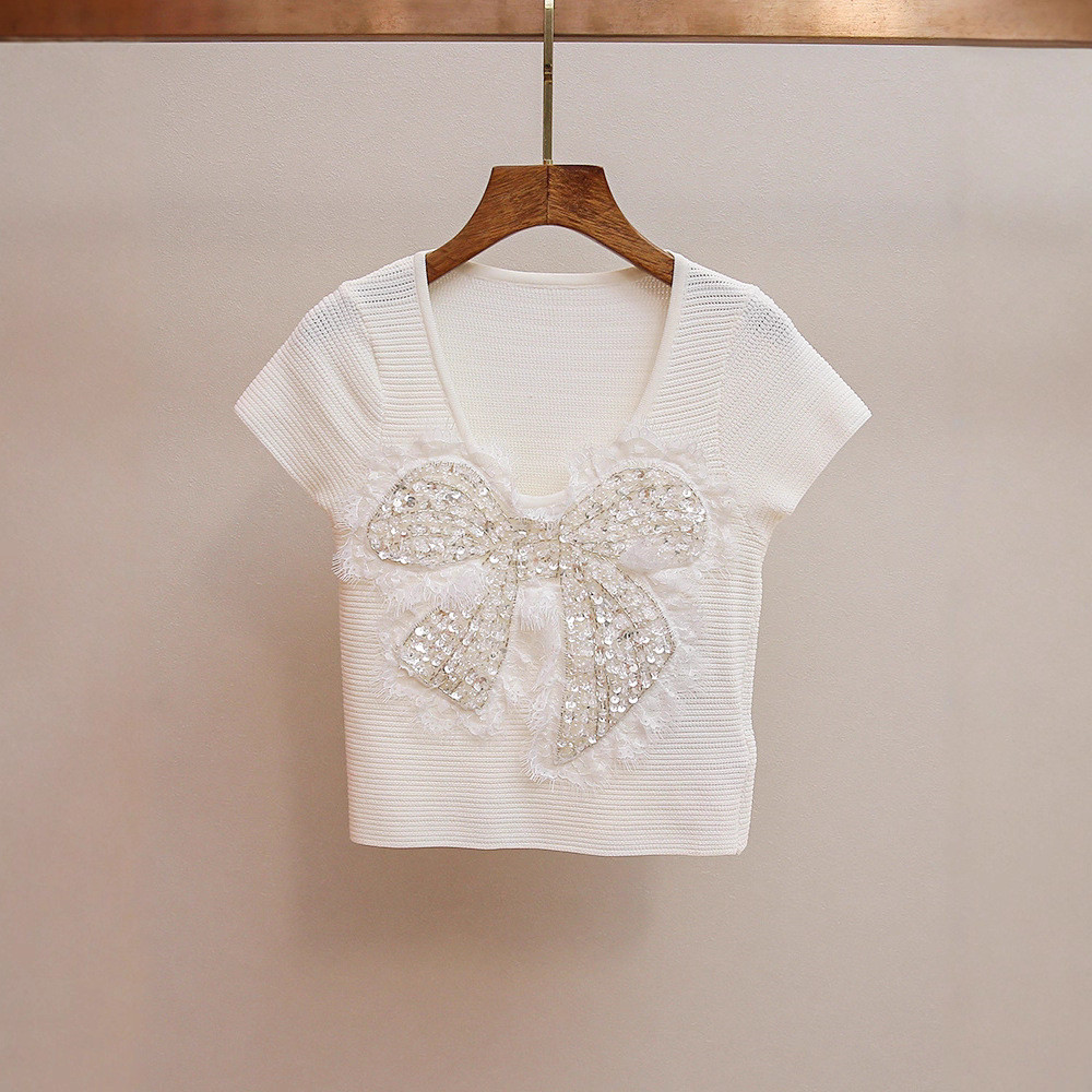 1IHB sandro ฤดูใบไม้ร่วงของผู้หญิงอุตสาหกรรมหนักเลื่อมลูกปัด U-คอลูกไม้โบว์เสื้อถักผู้หญิง