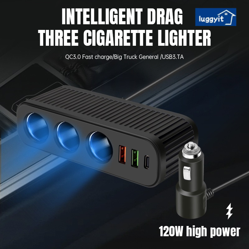 iuggyit ที่ชาร์จในรถยนต์ 3 in 1 ที่จุดบุหรี่ เครื่องชาร์จ USB อเนกประสงค์ ชาร์จเร็ว