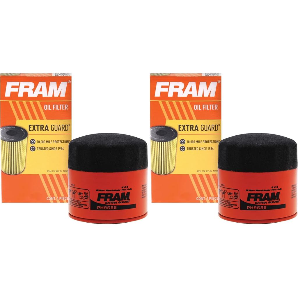 Fram Extra Guard PH9688, 10K Mile Change Interval Oil Filter, ทรงกระบอก, 4" (แพ็ค 2 ชิ้น)