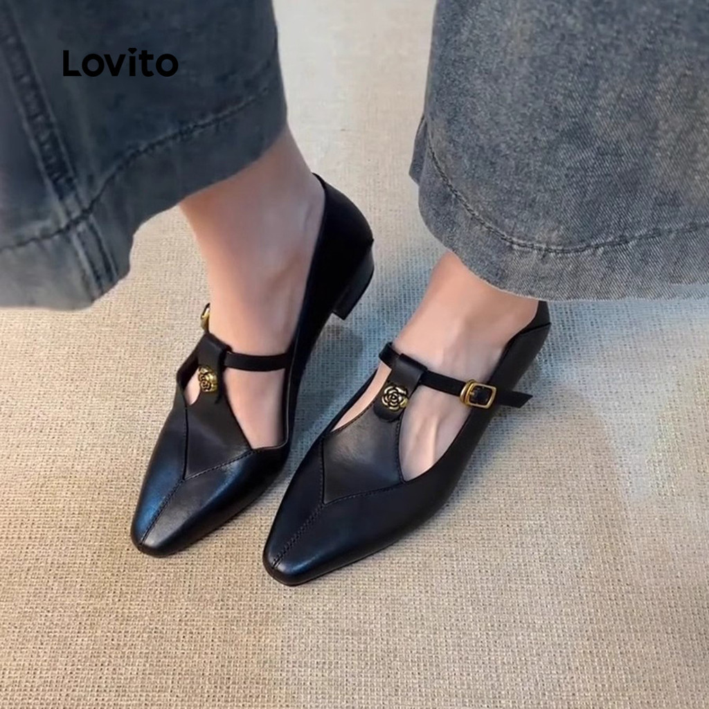 Lovito รองเท้าทรงเรือวินเทจ แบบย้อนยุค สำหรับเดินทางในทุกฤดู สีดำ สำหรับผู้หญิง LFA85013