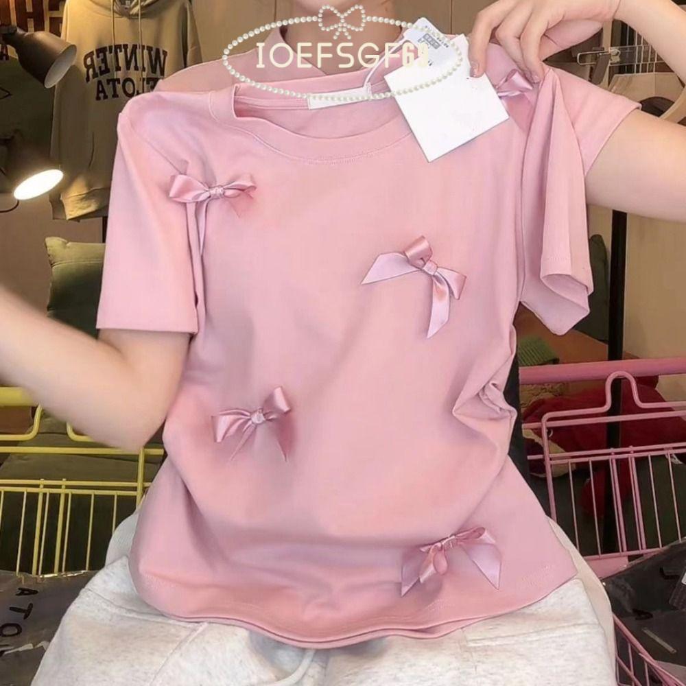 IOEFSGF69 Bowknot T เสื้อ,สไตล์ญี่ปุ่นบัลเล่ต์ผู้หญิงยอดนิยม,น่ารักแขนสั้นรอบคอสีทึบริบบิ้น Crop Tan
