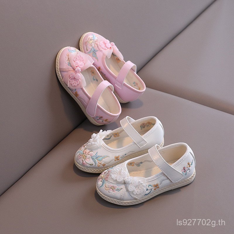 รองเท้าปัก Velcro Velcro รองเท้าปักโบว์รองเท้าผ้าเครื่องแต่งกาย Hanfu สาวสไตล์ชาติพันธุ์เอ็นเนื้อเก่