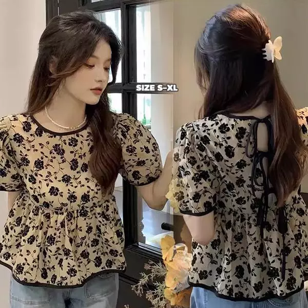 MIMI&DIDI#เสื้อเชิ้ต ลายดอกไม้ สไตล์วินเทจ แขนสั้น สำหรับผู้หญิง ฤดูร้อน ดีไซน์แบบผูกเชือกด้านหลัง เสื้อตุ๊กตา#W682