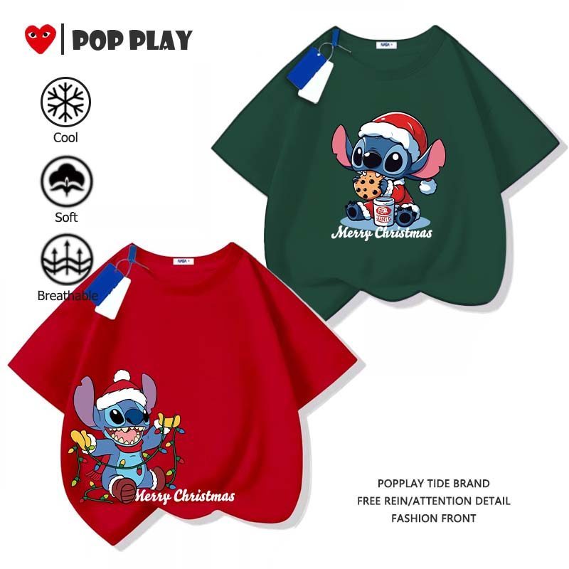 ​​เสื้อผ้าเด็ก ไม่จํากัดเพศ​​ Iklim ดีไซน์พิเศษ เก็บความเย็นในอากาศร้อน Merry Christmas Stitch ภาพพิ