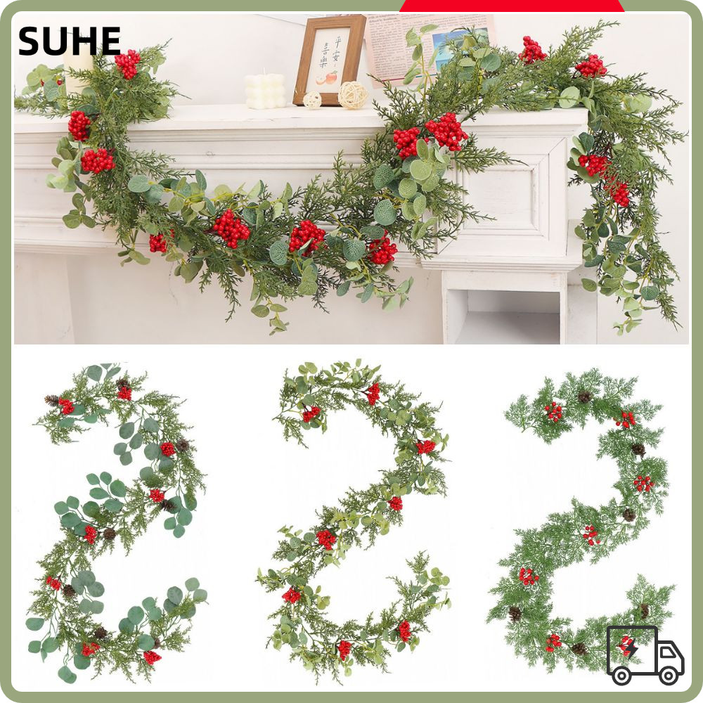 SUHE คริสต์มาสสนหวาย, 200 ซม.ยูคาลิปตัสประดิษฐ์ Cypress ใบ Garland, ตาราง Centerpieces Pine Cone ของขวัญจําลอง Red Berries