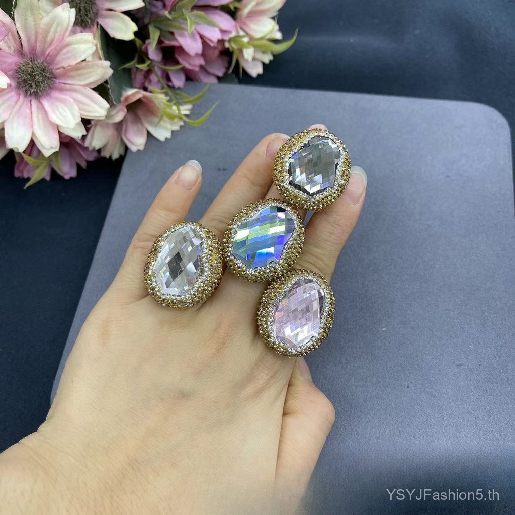 แหวนประดับคริสตัลสีสันสวยงาม เพชรพลอยแท้ ชุบทองจริง คงทนสีสดใส
