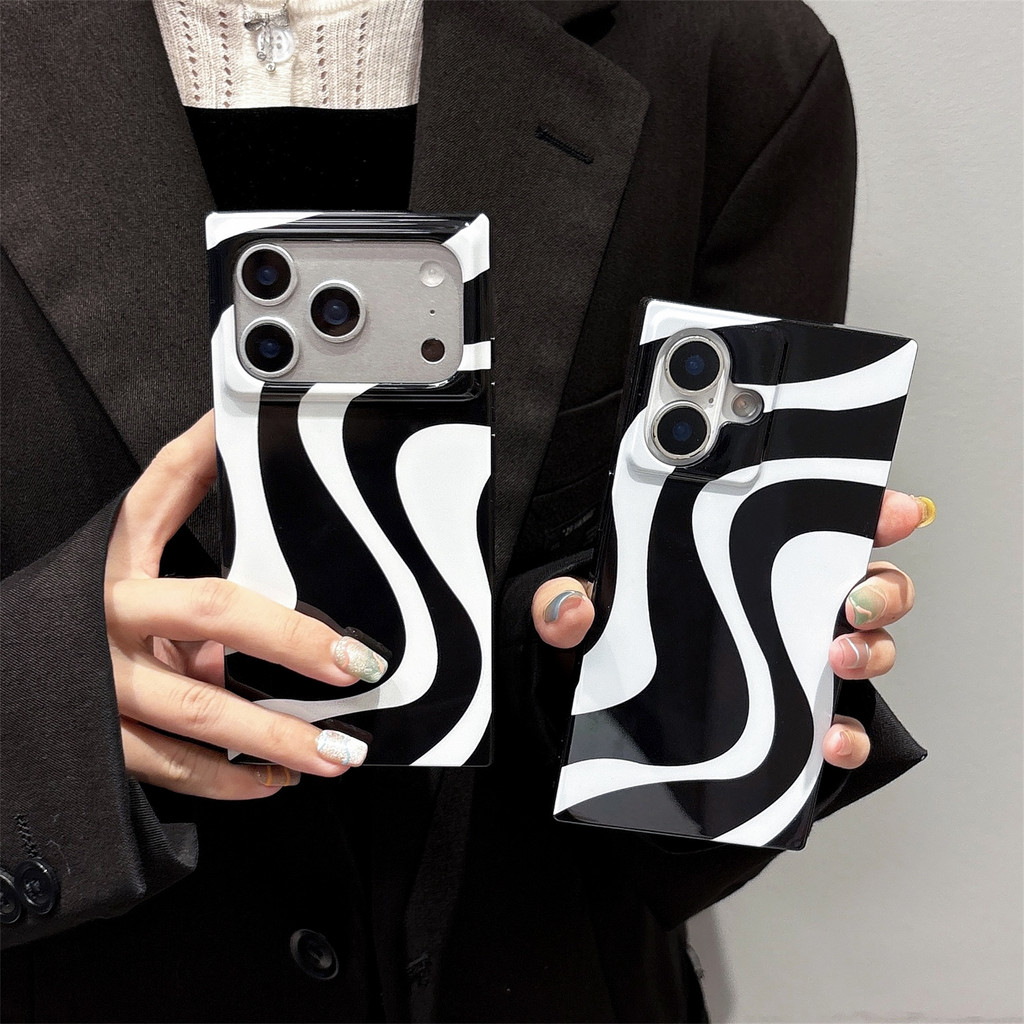 เคสโทรศัพท์ลายคลื่นสีขาวสีดําเกาหลีเข้ากันได้กับ iPhone 17 Pro Max 17pro 16pro 16promax 15promax 14 