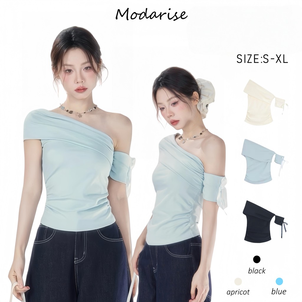 Modariseเสื้อยืดคอปาดไหล่แขนสั้นผู้หญิง2025คอลเลคชั่นใหม่ใส่แล้วดูผอมกระชับรูปร่างแขนเปิดโชว์ไหล่สไตล์เก๋ๆใส่ได้ทุกโอกาส