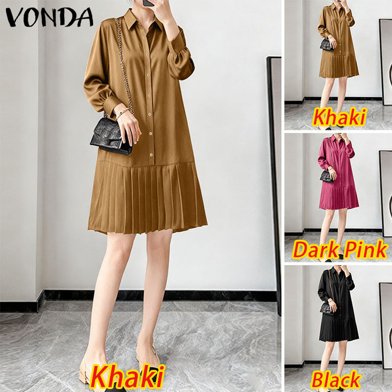 VONDA ผู้หญิงเสื้อสีทึบเกาหลี, แขนยาวแขนพองและชุดเดรสยาว Hem — صورة 3