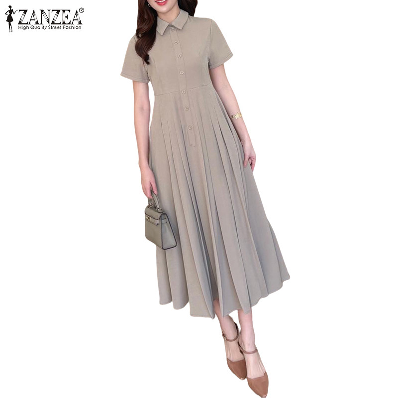 กระโปรงเชิ๊ตสไตล์เกาหลี Ladylike แบบแขนครึ่ง กางเกงขาสั้น ดีไซน์Graceful จาก ZANZEA