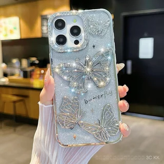 กันกระแทก iPhone ลายผีเสื้อปะดับคริสตัลทรงนูน พื้นผิวสีเงินแวววาว สำหรับ 17/15/14/13 Pro Max/Plus