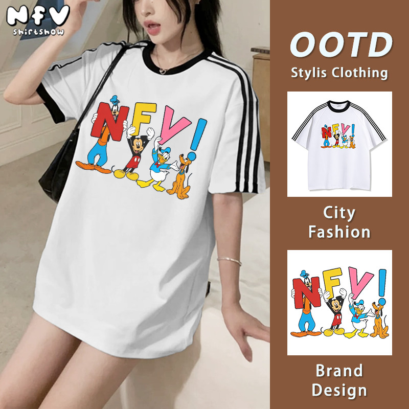 NFV แฟชั่นเกาหลี🍒ระบายอากาศ เสื้อยืดแขนสั้นคอกลม NFV ลายพิมพ์ตัวอักษร ทรงหลวม ใส่สบาย YG2842
