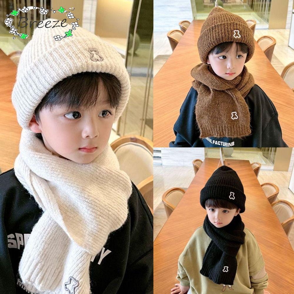 หมวกสวมหัวแบบบรีซ ชุดหมวกหนากันลมพร้อมผ้าพันคอ สไตล์น่ารักสำหรับฤดูหนาว หมวกถักเหมาะสำหรับทารก