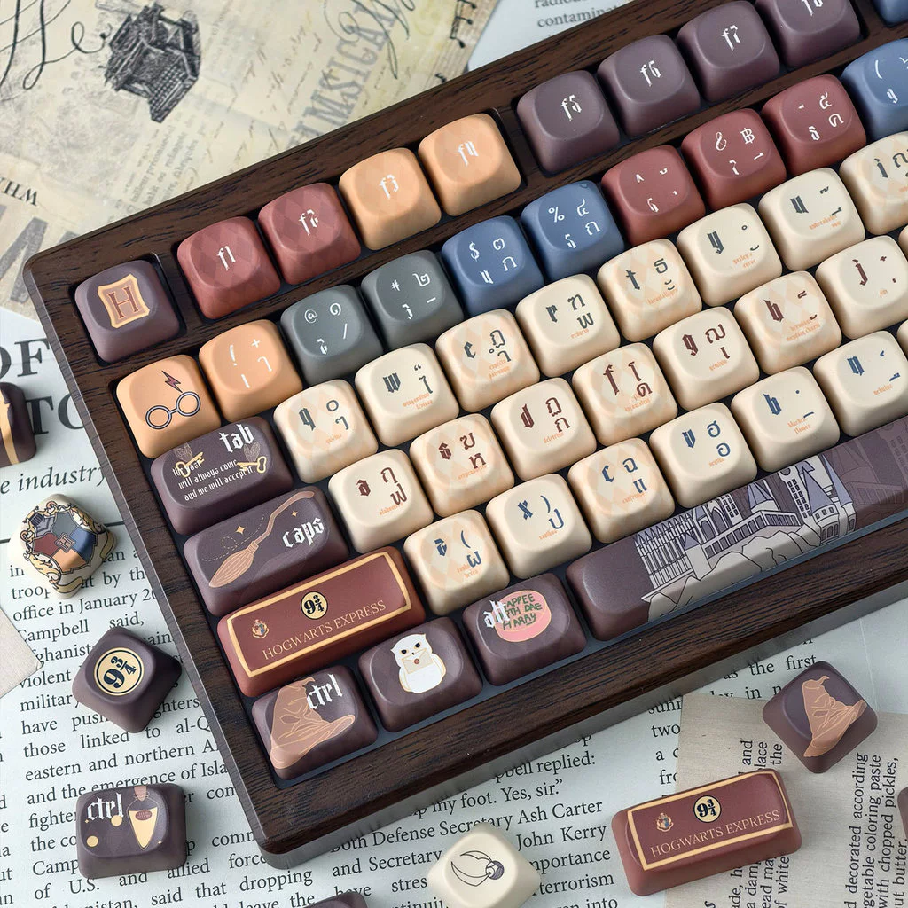 Harry Potter Thai Keycaps 125 คีย์ MOA/เชอร์รี่โปรไฟล์ PBT Dye Sublimation Wooting Aula F75 รอบ Keycaps Cool สีน้ําตาล Magic School Hedwig Hogwarts Keycap