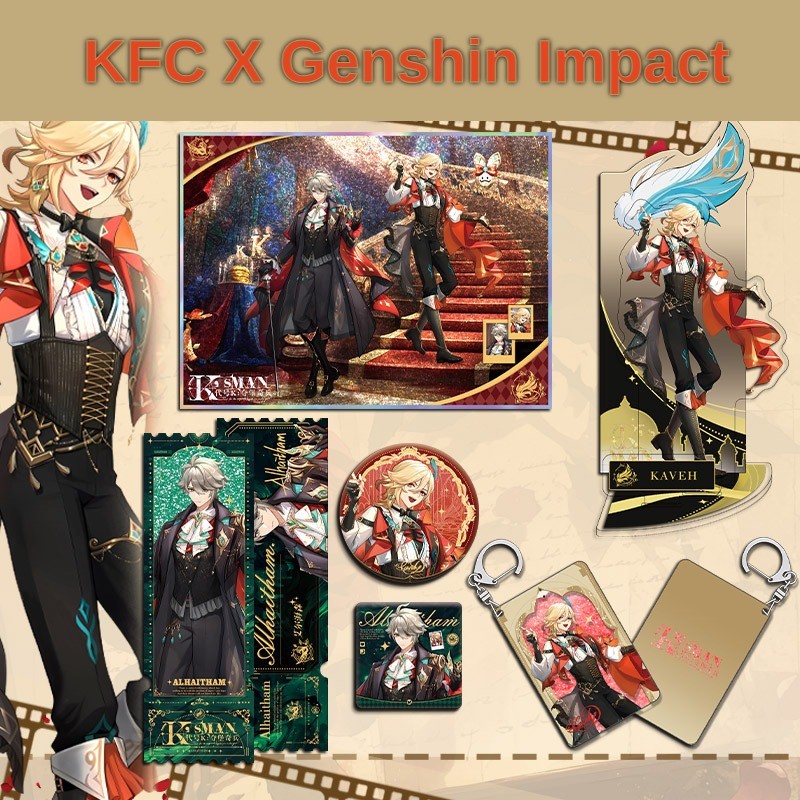 2025 Genshin Impact x KFC Collaboration Merchanting: Kaveh Alhaitham Tri - แทรกแผ่นยืน, ถังตั๋วทรายดูด, ป้าย & More - ของขวัญที่สมบูรณ์แบบ V09M